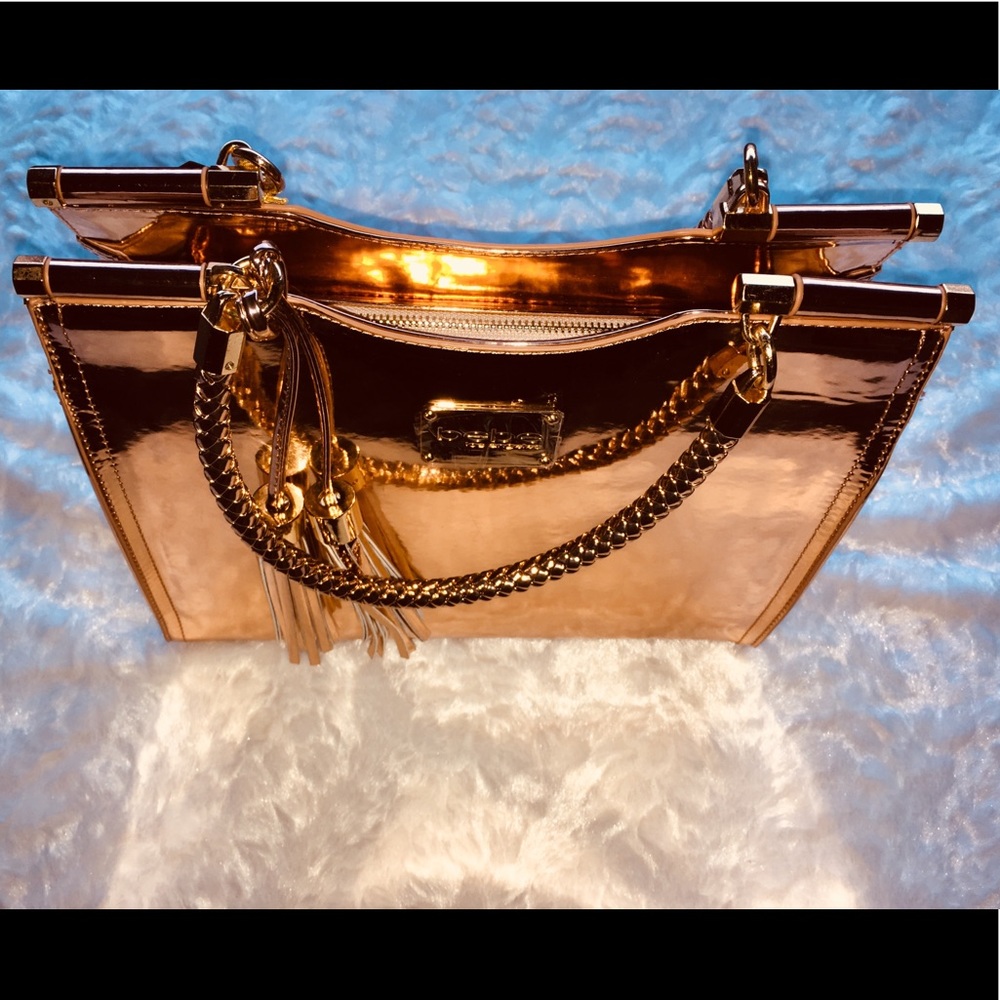 👜🌹🤩BEBE METALLIC NATALIA ROSE PINK HANDBAG LARGE SHOPPER TOTE BAG NWT